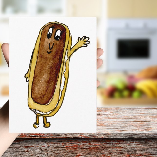 Cartão Postal Engraçado Chocolate Eclair Quirky Cake Cartografia (Cute chocolate eclair cartoon watercolor art cake lovers greetings postcard)