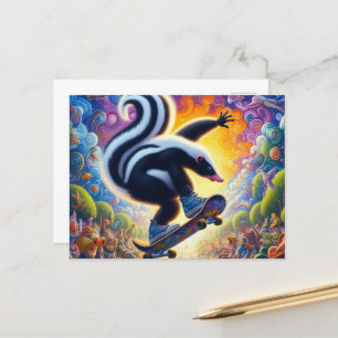 Cartão Postal Engraçado Colorida Skunk Skateboard