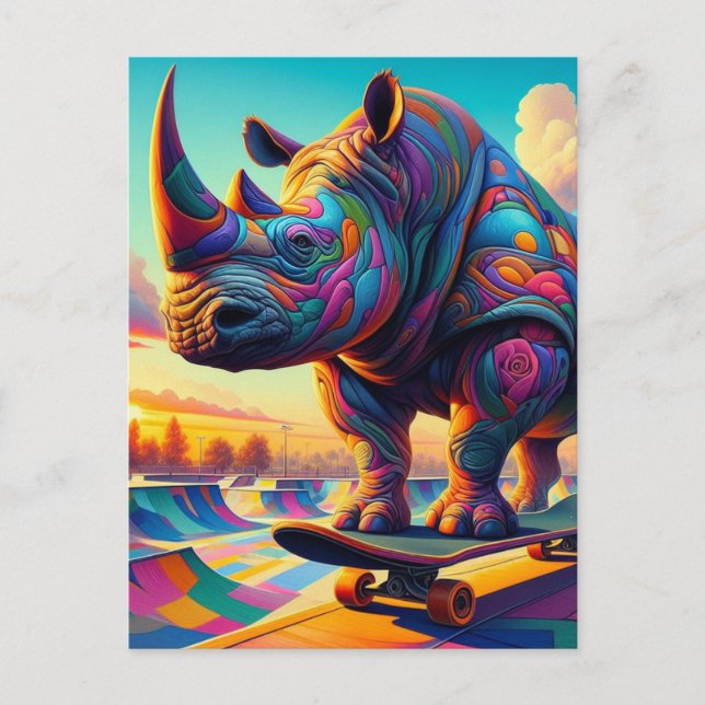 Cartão Postal Engraçado Colorida Surreal Rhino Skateboard (Frente)