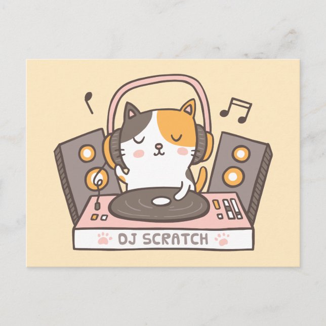 Cartão postal engraçado do gato DJ arranhar (Frente)