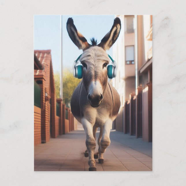 Cartão Postal Engraçado Donkey escuta música em um jog (Frente)