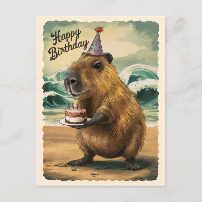 Cartão Postal Engraçado Fofinho de Capivara Feliz Aniversário (Frente)