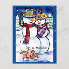 Cartão Postal Engraçado inverno Snowman Rabbits Cenoura Nose