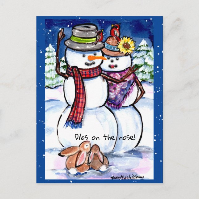 Cartão Postal Engraçado inverno Snowman Rabbits Cenoura Nose (Frente)