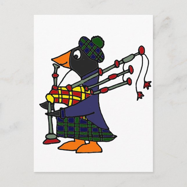 Cartão Postal Engraçado Penguin Tocando Bagpipe Art (Frente)