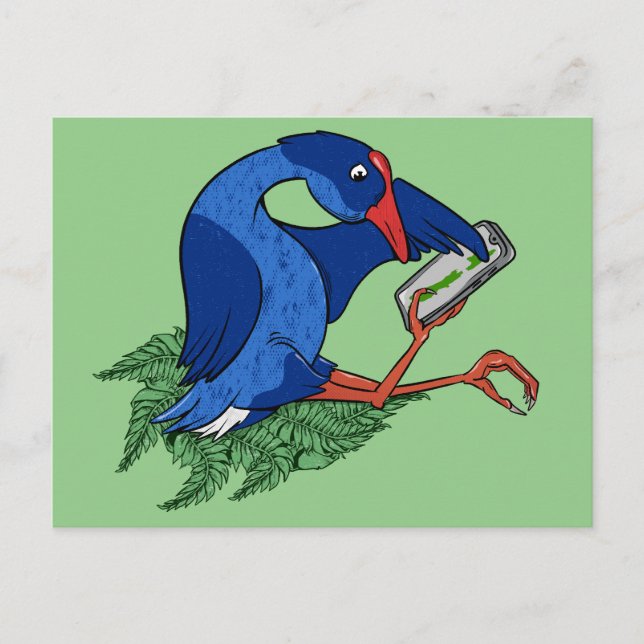 Cartão Postal Engraçado Pukeko com telefone celular (Frente)