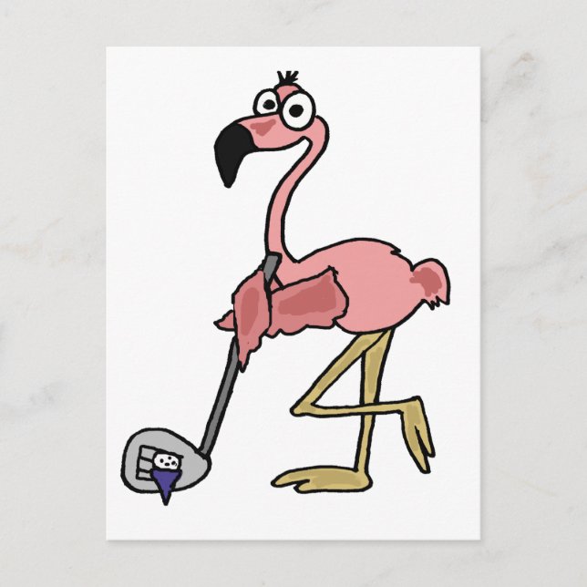 Cartão Postal Engraçado Rosa Flamingo Golfing Art (Frente)