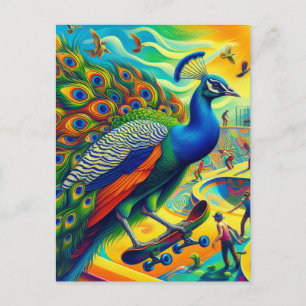 Cartão Postal Engraçado Surreal Peacock Skateboard