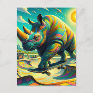 Cartão Postal Engraçado Surreal Rhino Skateboard