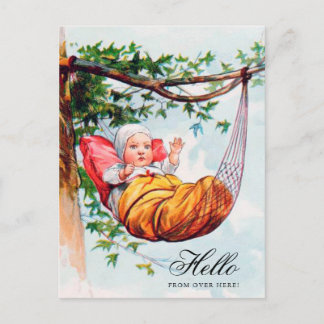 Cartão Postal Engraçado Vintage Baby Waving Hi in Hammock Art