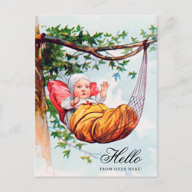 Cartão Postal Engraçado Vintage Baby Waving Hi in Hammock Art (Frente)
