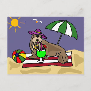 Cartão Postal Engraçado Walrus na Praia Art