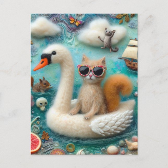 Cartão Postal Engraçado Woolie Swan flutuando com um gato (Frente)