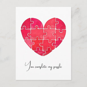 Cartão Postal Enigma do amor resolvido, coração de puzzle vermel