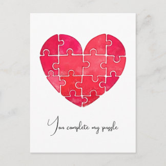 Cartão Postal Enigma do amor resolvido, coração de puzzle vermel