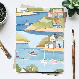 Cartão Postal Enseada de Barcos | Pintura Moderna em Aquarela