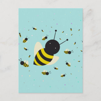 Cartão Postal enxame de abelhas kawaii e bolinhas azul pastel