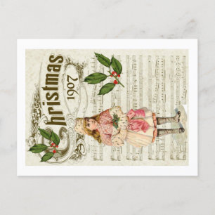 Cartão Postal Ephemera 1907 Christmas Carol Script Holly Berry