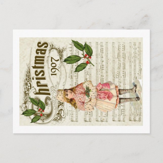 Cartão Postal Ephemera 1907 Christmas Carol Script Holly Berry (Frente)