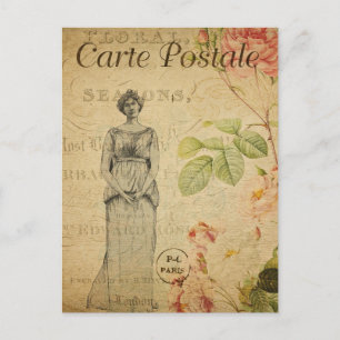 Cartão Postal Ephemera Vintage Mulher francesa Rosas Rosa Rosa F