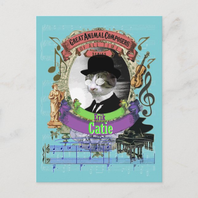 Cartão Postal Erik Catie Cat Animal Composer Satie Spoof (Frente)