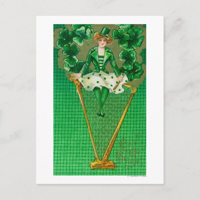 Cartão Postal Erin Go Bragh Woman em Harp Scene (Frente)