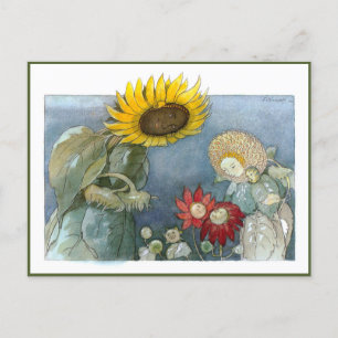 Cartão Postal Ernst Kreidolf Vintage Sunflower e Dahlia