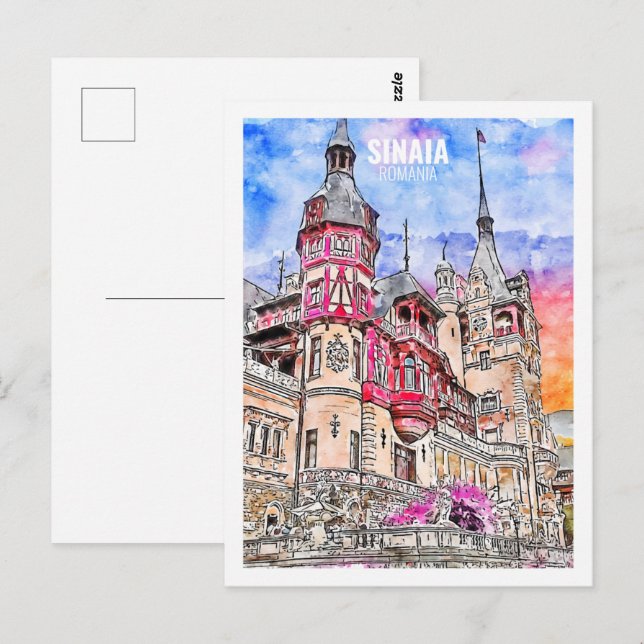 Cartão Postal Esboço aquarela de viagem famosa Sinaia Romênia (Frente/Verso)