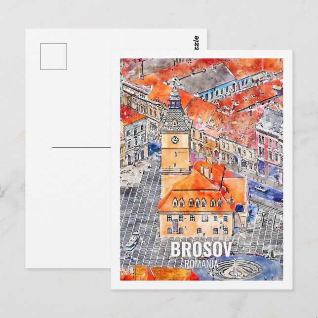 Cartão Postal Esboço aquarela viagem famosa Brosov Romênia (Frente/Verso)