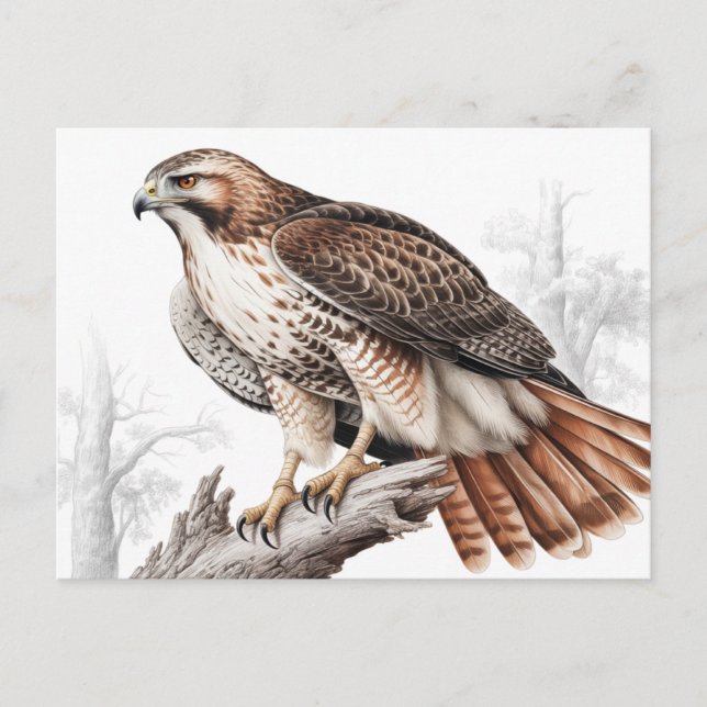 Cartão Postal esboço de gavião-de-cauda-vermelha (Frente)