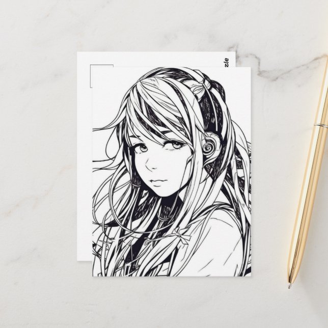 Cartão Postal Esboço de Retrato de Garota de Anime e Mangá (Frente/Verso In Situ)