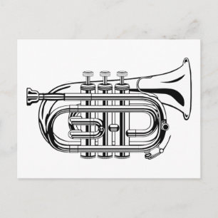 Cartão Postal Esboço de Trompete Preto e Branco Instrumento Musi