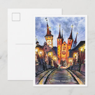 Cartão Postal Esboço em aquarela antiga ponte principal Wurzburg