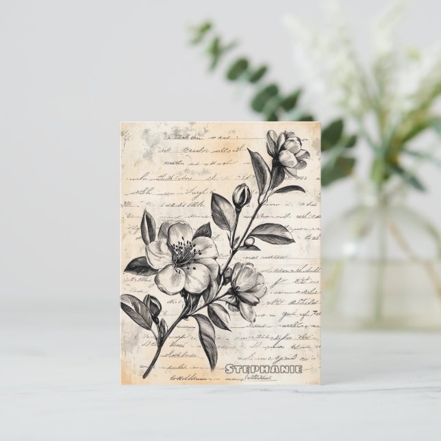 Cartão Postal Esboço Floral Russo com Caligrafia - Idade (2) (Em pé/Frente)