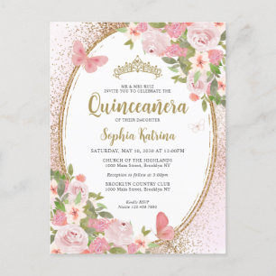 Cartão Postal Escamudo Floral Dourado Tiara Quinceañera