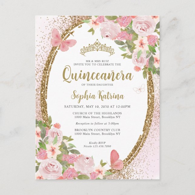 Cartão Postal Escamudo Floral Dourado Tiara Quinceañera (Frente)