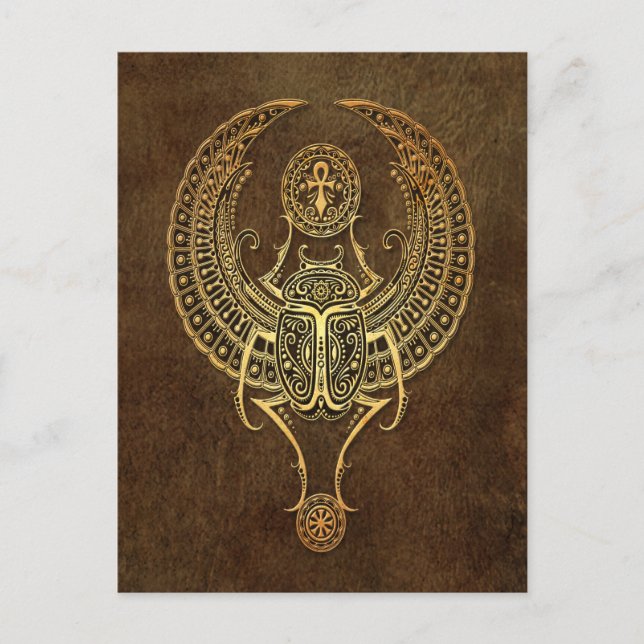 Cartão Postal Escaravelho Alado Envelhecido Egípcio com Ankh Mar (Frente)