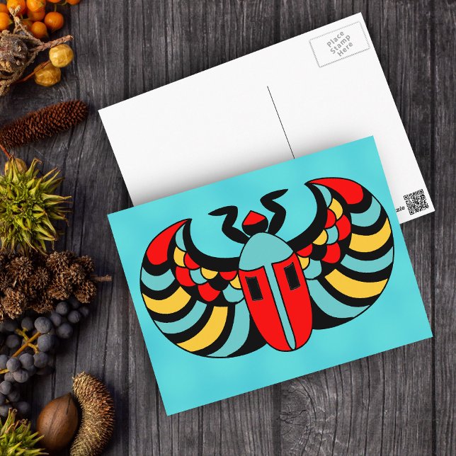 Cartão Postal Escaravelho Colorido Egípcio Vibrante E Vibrante (Brightly coloured Egyptian scarab beetle on aqua blue postcard.)