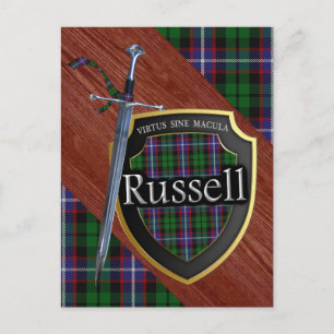 Cartão Postal Escocês Clã Russell Tartan Sword & Shield