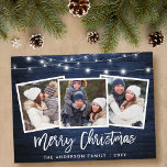 Cartão Postal Escova Azul Madeira Luzes 3 Foto Natal<br><div class="desc">Rustic Blue Wood Brussel 3 Família Fotográfica Cartão de Natal Feliz com Luzes de Cordas</div>