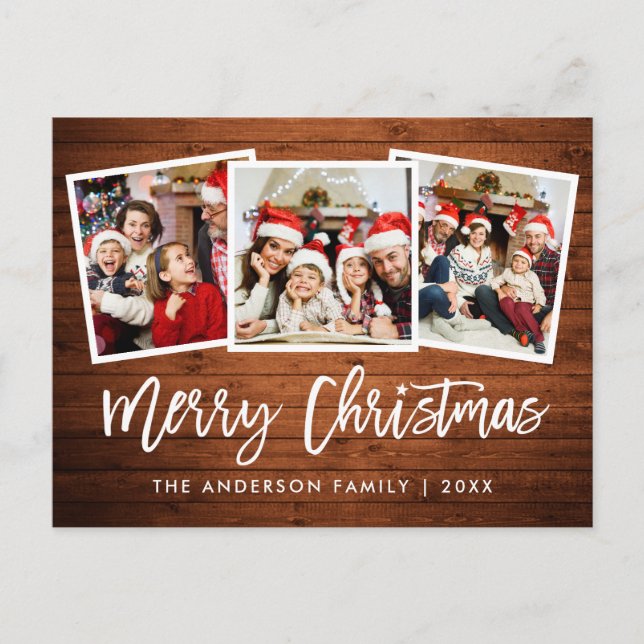 Cartão Postal Escova Rustic Wood 3 Photo Christmas Star (Frente)