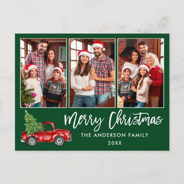 Cartão Postal Escrita em Pincel 3 Foto de Natal Caminhão Verde (Frente)