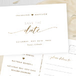 Cartão Postal Escrito Dourado Elegante, Casamento Salvar A Data<br><div class="desc">Anuncie sua data de casamento com este lindo, elegante e simples casamento, salve o cartão postal. Escreve tipografia de Script moderna e elegante. Estilo simples e limpo. Design branco e dourado com toques de folha falsa de ouro. Capacidade de alterar a data "Salvar o" para "Salvar nosso". Voltar com a...</div>