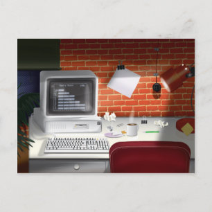 Cartão Postal Escritório dos anos 80 com Computador Clássico Ret