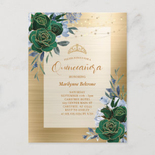 Cartão Postal Esmeralda Verde Dourado Floral Quinceañera