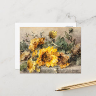 Cartão Postal Espadilha de girassóis numa borda de pedra