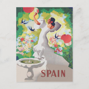 Cartão Postal Espanha Senhorita Pássaros Flores Festa Jardim