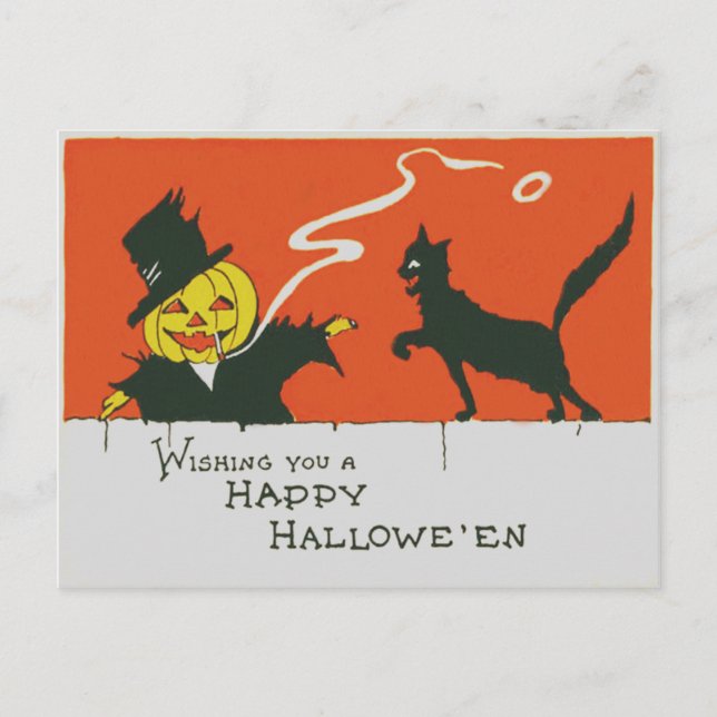 Cartão Postal Espantalho Fumante Jack O' Lantern Gato Preto (Frente)
