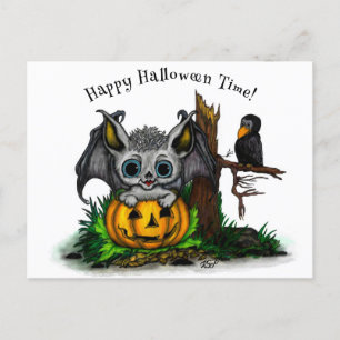 Cartão Postal Esperando o Halloween, Cute Bat e Raven