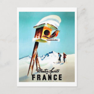 Cartão Postal Esportes de inverno na França, passarinho em sua c